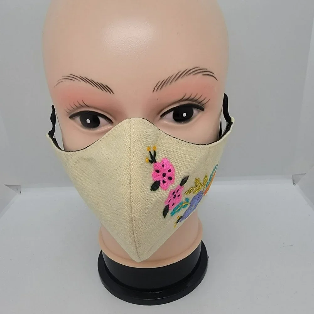 New Face cover ear loop Cream Mask Women's Embroidered handmade forest flowers